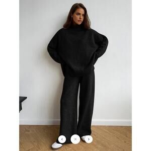 Commense Plain Turtleneck Knit Pants Set